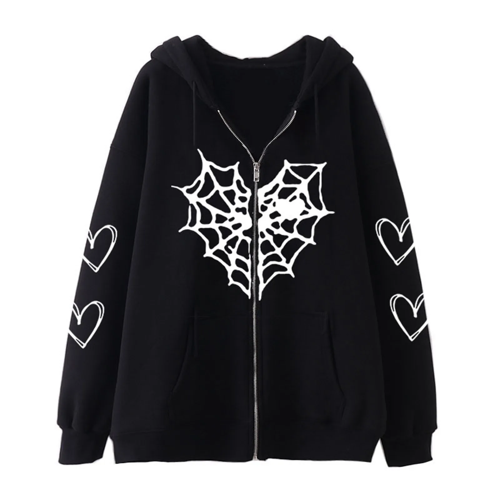 Y2K Women Harajuku Zip Up Hoodie Spider Web Graphic Streetwear Loose Hoodie Sweatshirt Fashion Gothic Jacket Top 2000s Clothing