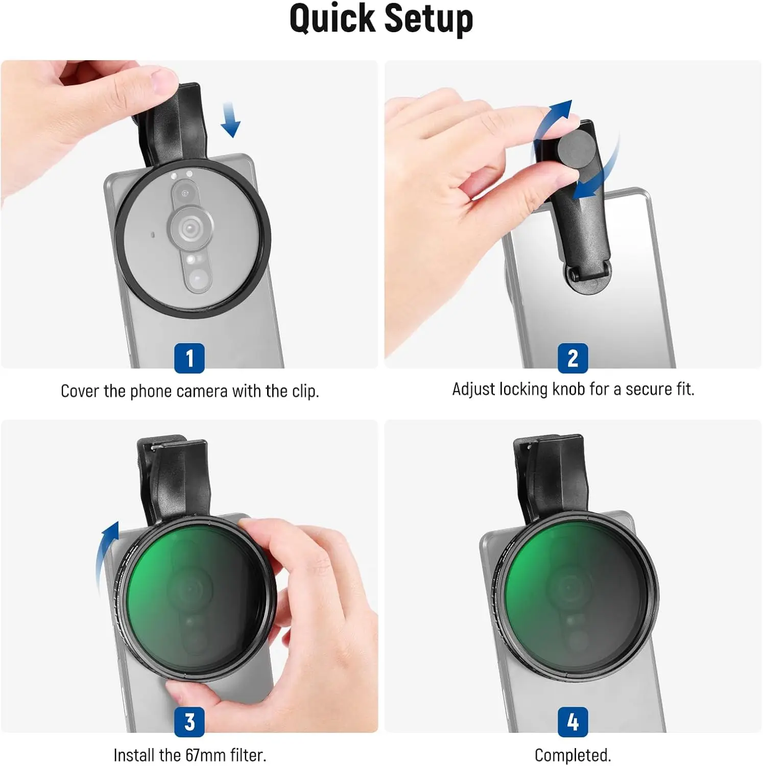 NEEWER 67 mm Clip-On-Variabler ND-Filter für Telefon, ND2-32 1–5 stoppt Neutral Density Photography Lens Accessories Kit für Android