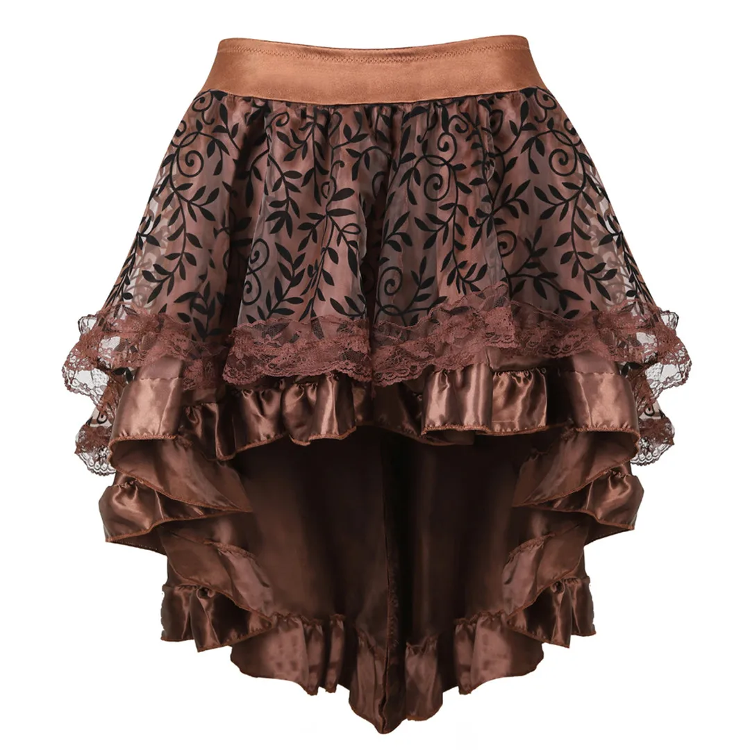 

Women Gothic Floral Lace Corset Skirt Steampunk Brown Pirate Skirts Asymmetrical High Low Skirt Clubwear Costume Plus Size S-6XL