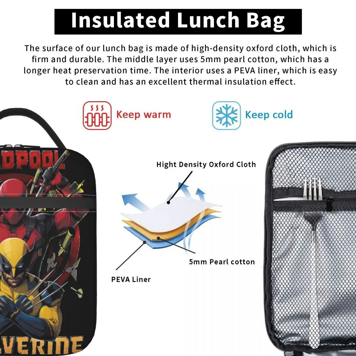 D & W Deadpool Superhero Insulated Lunch Bag Thermal Meal Container Leakproof Tote Lunch Box for Men Women Office Picnic