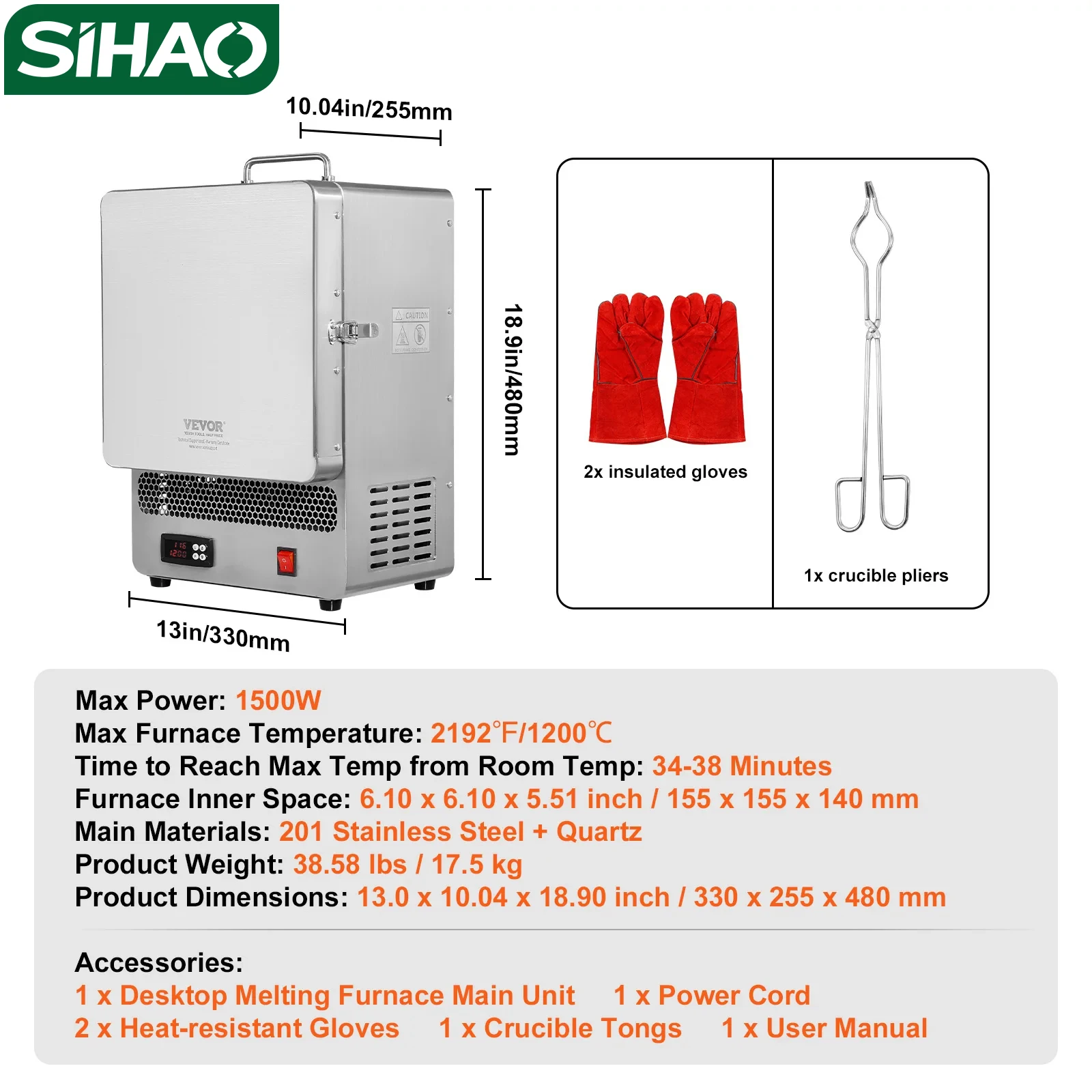 

SIHAO Electric Melting Furnace 2192℉ Digital Kiln Jewelry Casting Burnout Furnace with PID Temperature Control 1500w Plaster Mold Metal Melting Casting Oven Machine