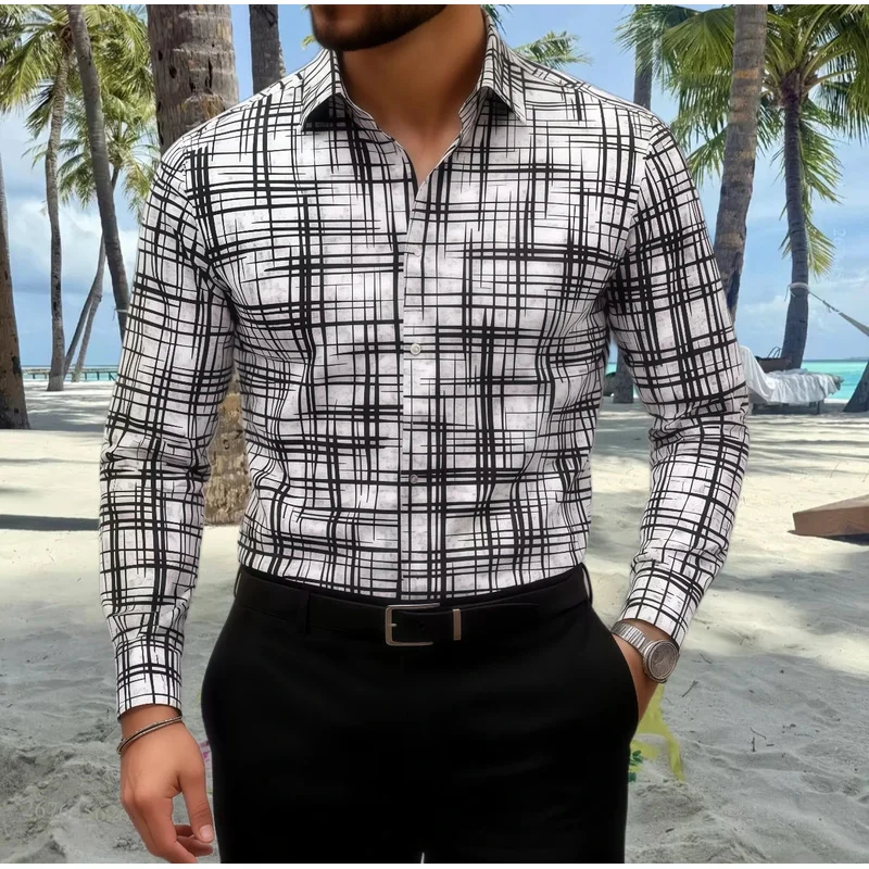

Мужская рубашка с длинным рукавом, повседневная облегающая рубашка на пуговицах, текстурированная рубашка в линейную полоску, мужские модные топы, рубашка