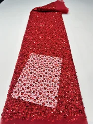 Red French Sequins Net Lace Fabric 2026 High Quality African Beaded Lace Fabric Nigerian Embroidery Wedding Party Lace Fabric