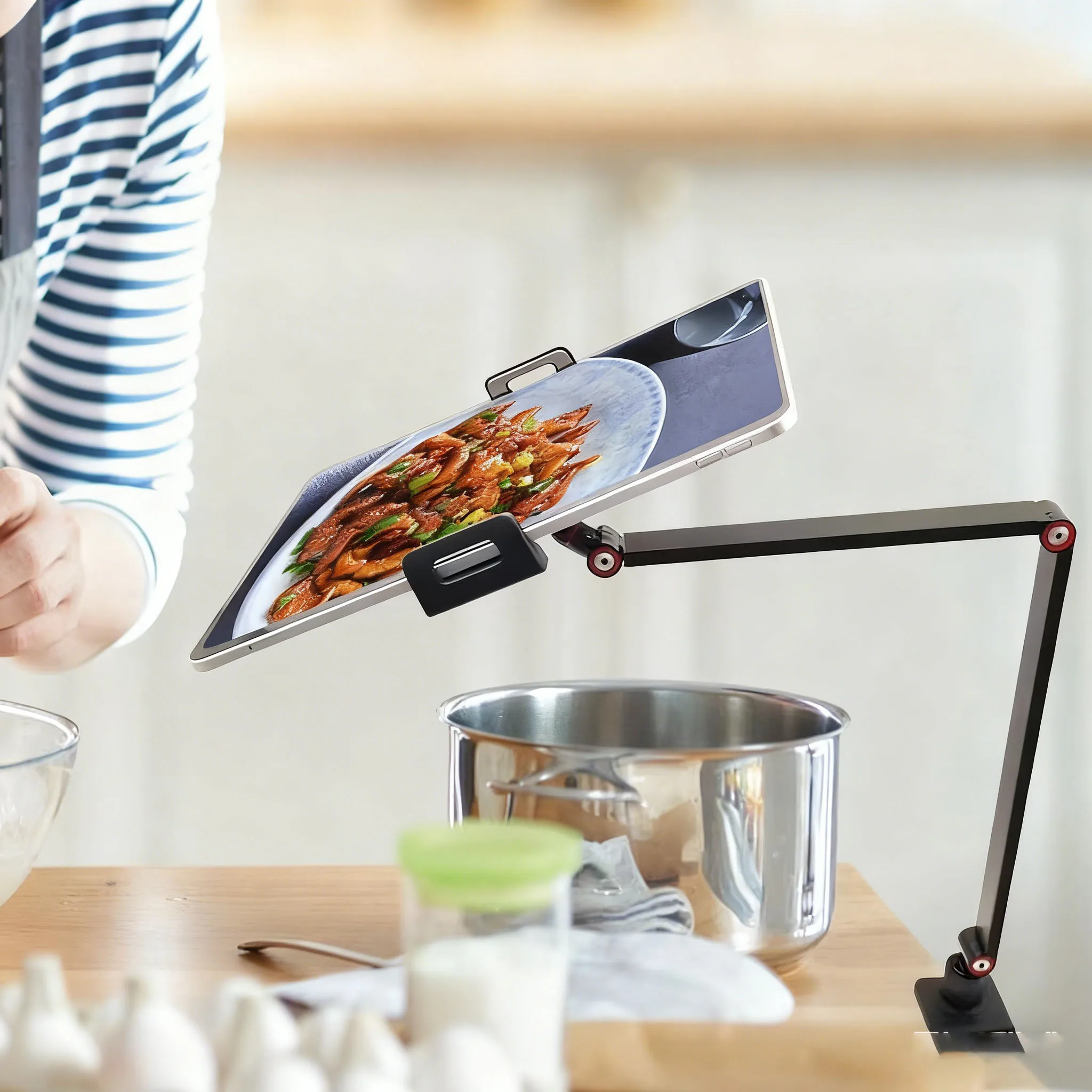 

Adjustable Height Black Metal Desktop Tablet Stand Portable Overhead Mobile Phone Holder and Foldable PC Desk Stand