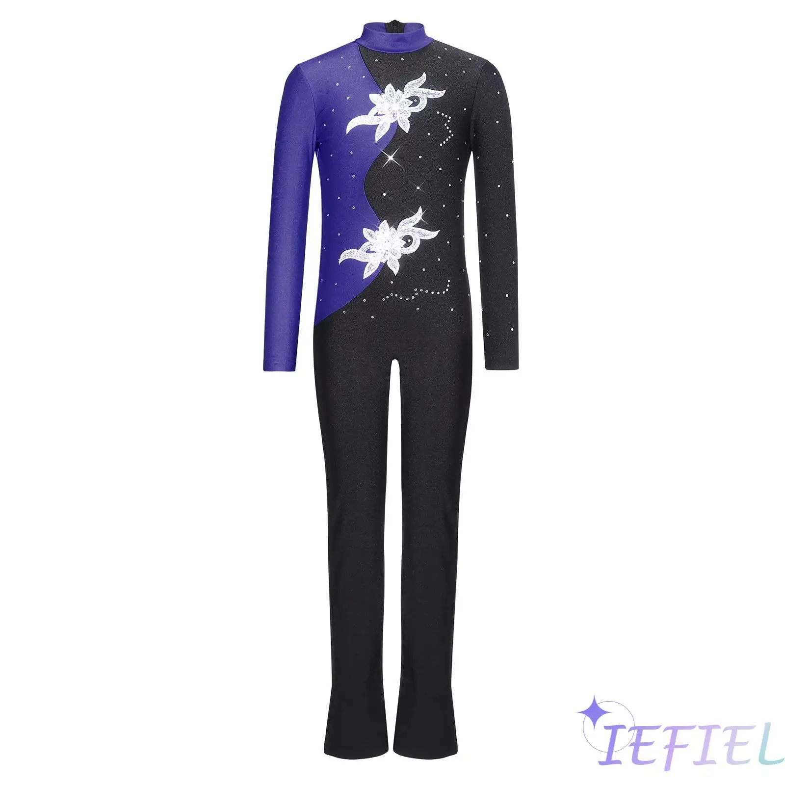 

Kids Figure Skating Dancewear Boys Rhinestone Sequined Applique Mock Neck Color Block Bodysuit Jazz Latin Modern Dance Costume
