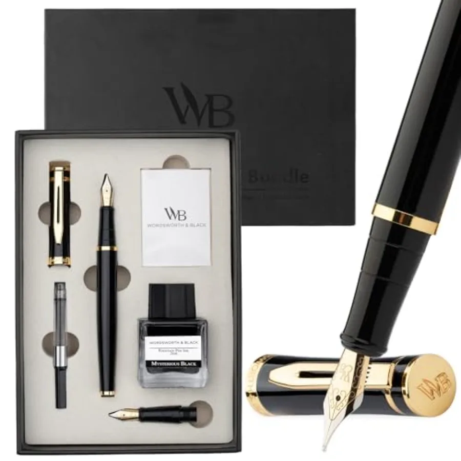 

Fountain Pen Set18K Gilded Medium and Extra Fine Nib 25MLBlack Ink Bottle 6 Ink Cartridges Refill Converter Gift Box Smooth Wri