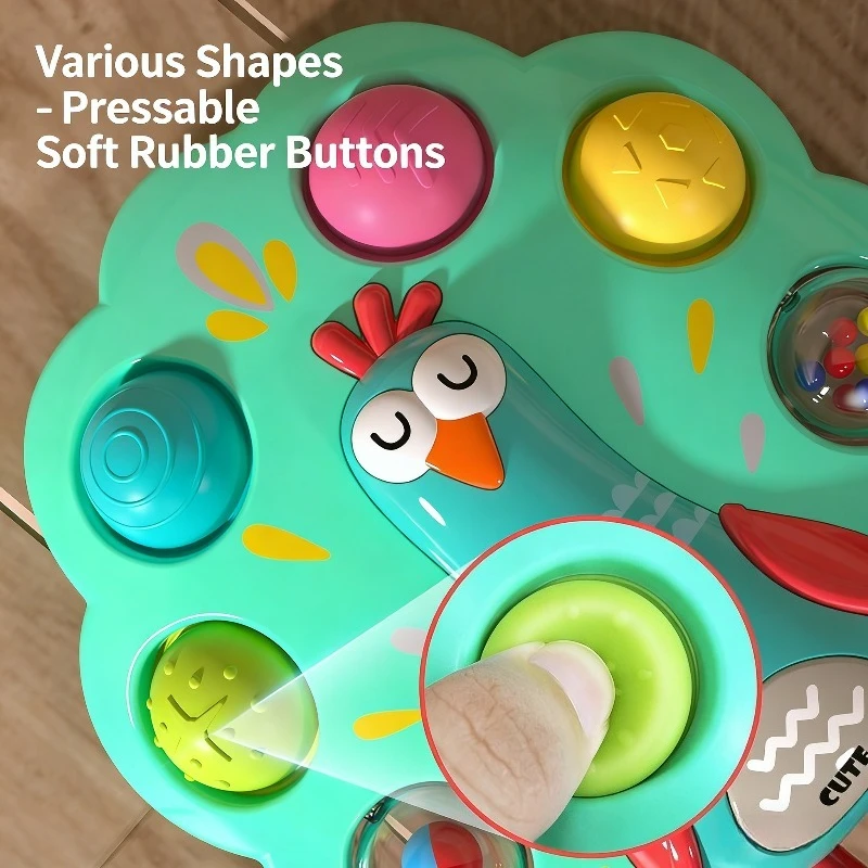 Baby Pfau Drückhand-Griffbrett Musikring-Spielzeug Vorschul-Puzzle Fingertrainingsspielzeug Spaßiger Stressabbau-Ball aus Sicherheitsmaterial