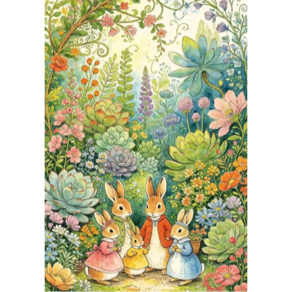 Diamond Painting Cute Rabbit Family in Lush Succulent Wildflower Garden Diamond Mosaic Handmade Art Creative Gift Home Decor
