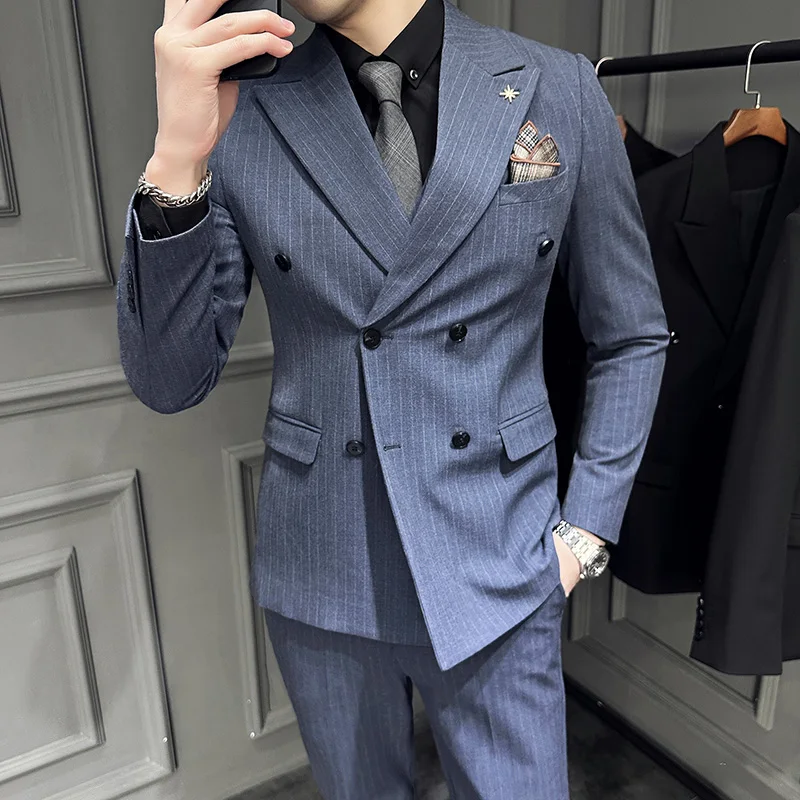 

（Jacket+vest+pants）high Sense Double Breasted Striped Suits Slim Wedding Groom's Dress Business Social Formal Suit Banquet Dress