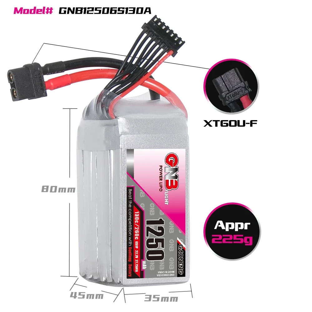 GAONENG GNB 1250mAh 6S 130C 260C 22.2V XT60 LiPo Battery Size 180-330mm Brushless FPV Cine Whoop Cinelog Helicopter