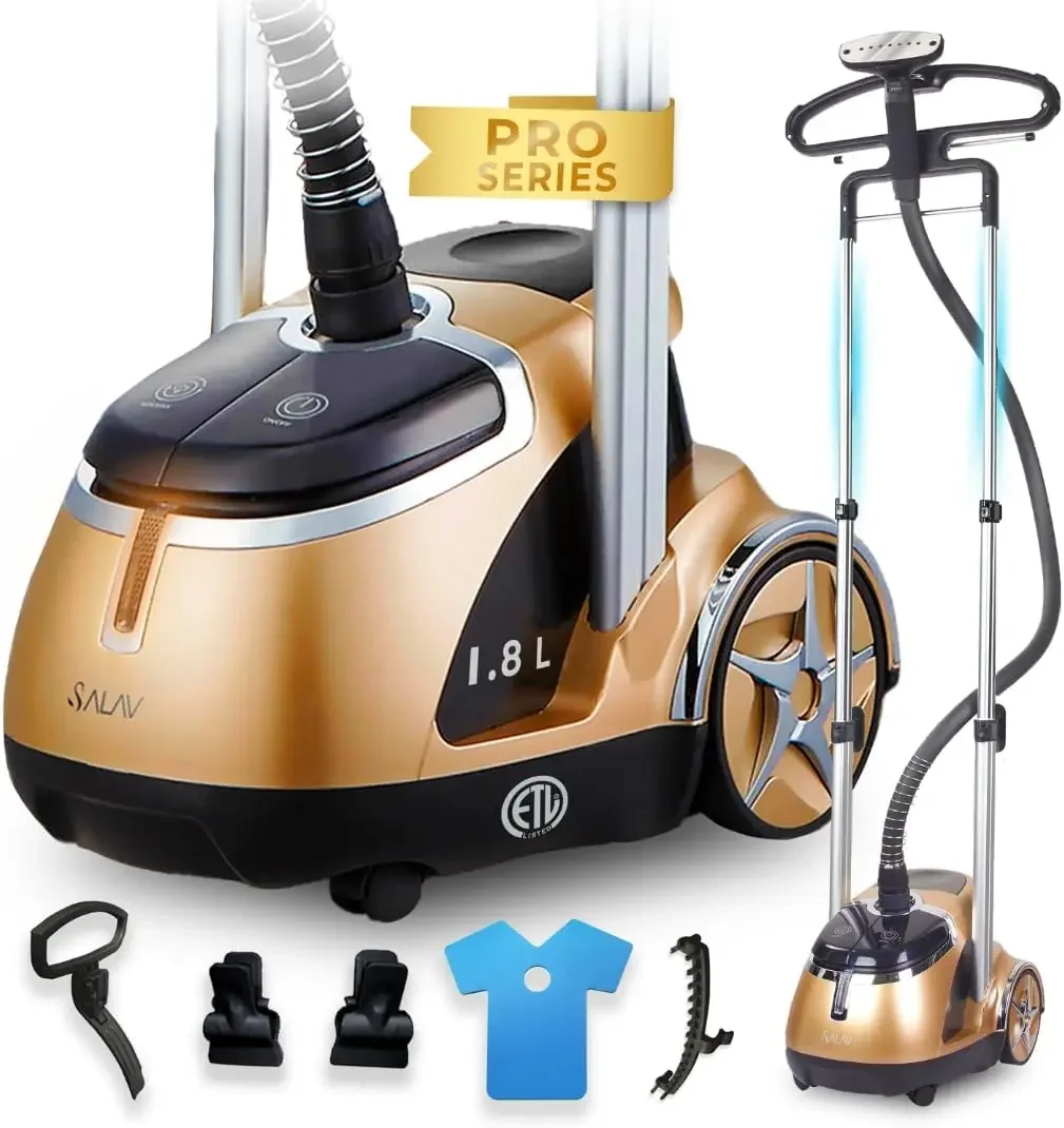 ® Professional Standing Garment Steamer with Retractable Power Cord, Foot Pedal Control, Wheels for Easier Movement (Gold)