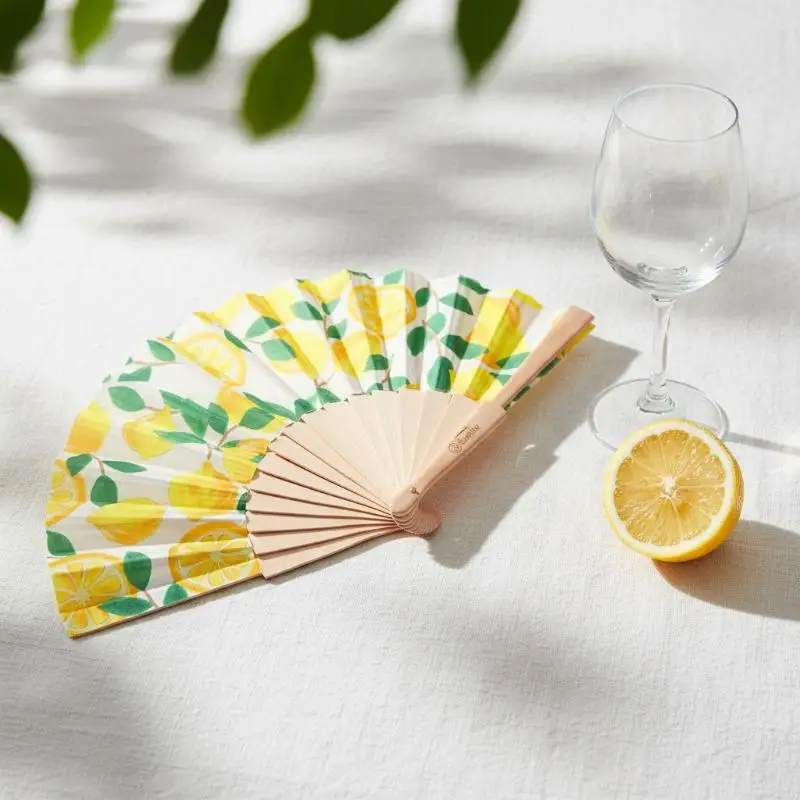 Lemon Print Folding Hand Fan Fruit Pattern Bamboo Fabric Handheld Fan For Summer Cooling Dance Performance Wedding Party Decor