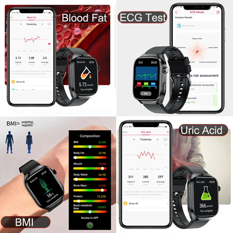 2024 nowy inteligentny zegarek medyczny dla mężczyzn ECG PPG z tłuszczem cukrowym we krwi monitorujący kwas moczowy Bluetooth Call Smartwatch dla