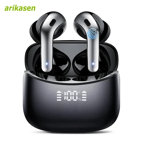 Imagen 1 del producto Auriculares inalámbricos con Bluetooth, cascos con 52 horas de reproducción, IPX7, resistentes al agua, 4 micrófonos, cancelación de ruido de llamadas con estuche de carga con pantalla LED