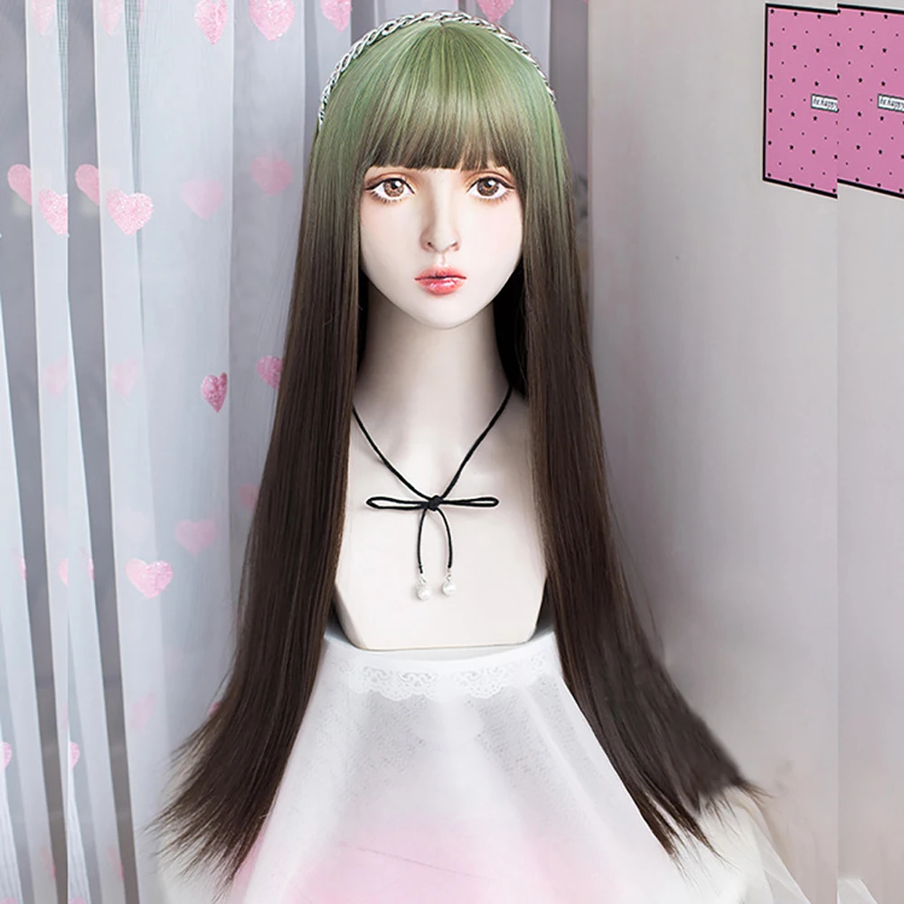 GAKA Synthetic Long Straight Wigs with Bangs Ombre Green Brown Gradient Women Natural Lolita Cosplay Hair Wig for Daily Party