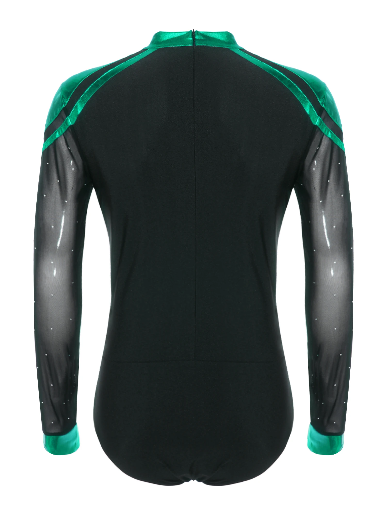 Men Latin Dance Outfits Long Sleeve Rhinestone Mesh Long Sleeve Ballet Dance Leotard Gymnastics Bodysuit Dancewear Outfit