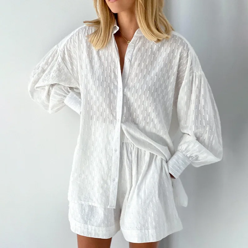 Summer Soild Bubble Sleeves Shirt And Shorts Sets For Women 2 Pieces Outfit Suits New Matching Sets