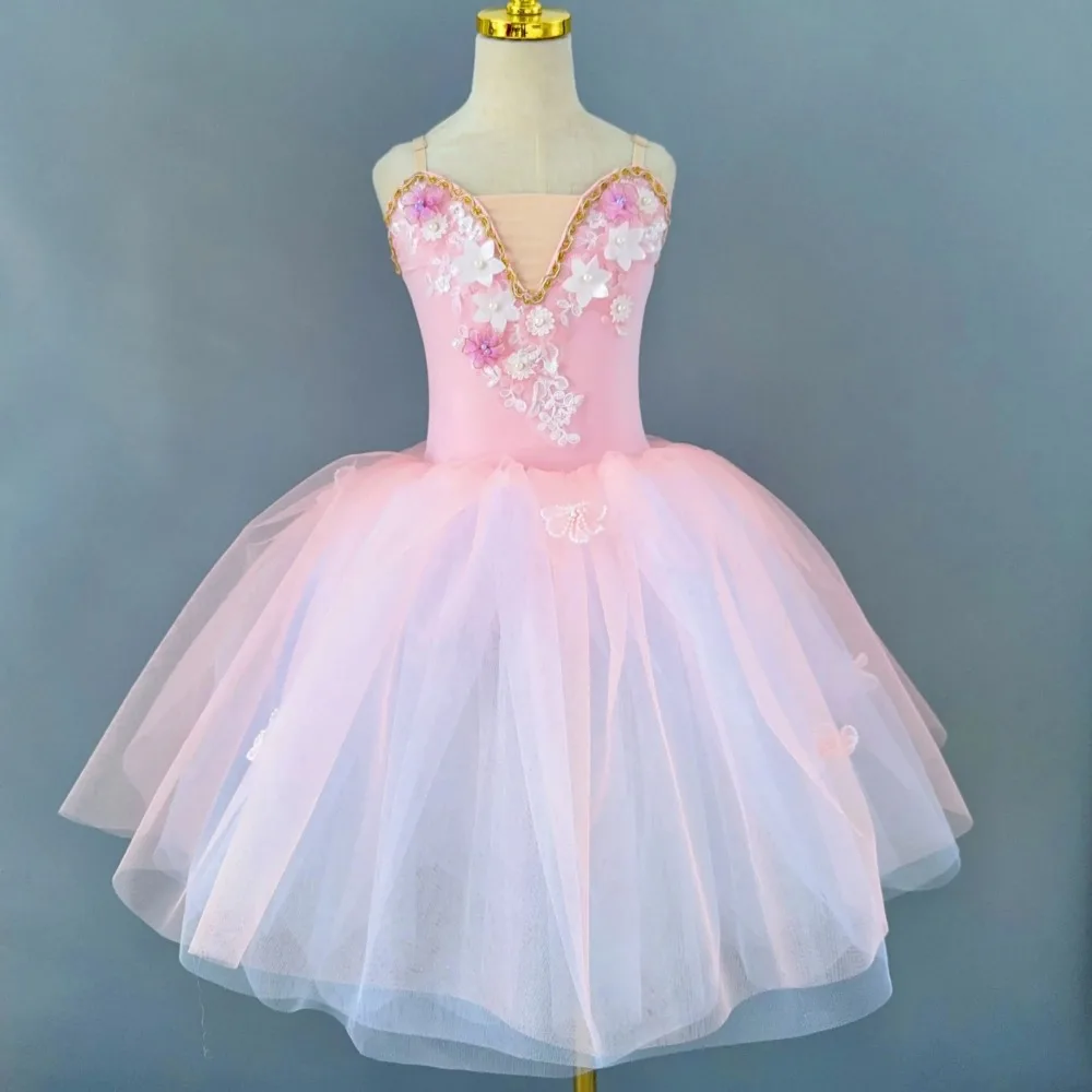 Princess Girls Long Ballet Dress Flowers Soft Tulle Skirts Women Ballerina Party Performance Clothing