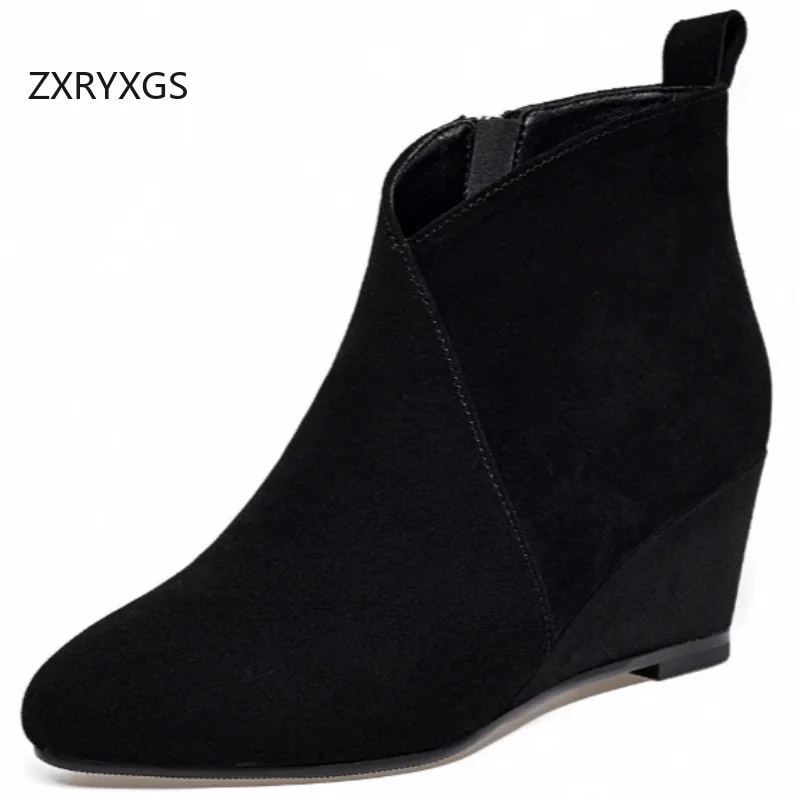 

ZXRYXGS 2025 New Pointed Frosted Sheepskin Leather Boots Women Fashionable Boots Autumn Winter Shoes Mid Heel Wedges Boots Black