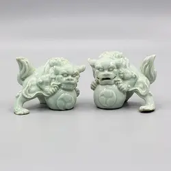 Chinese Song Hutian Kiln Celadon Porcelain - 3.54 Inch Foo Fu Dog Lion Statue for Decorative Display Collectible Gift