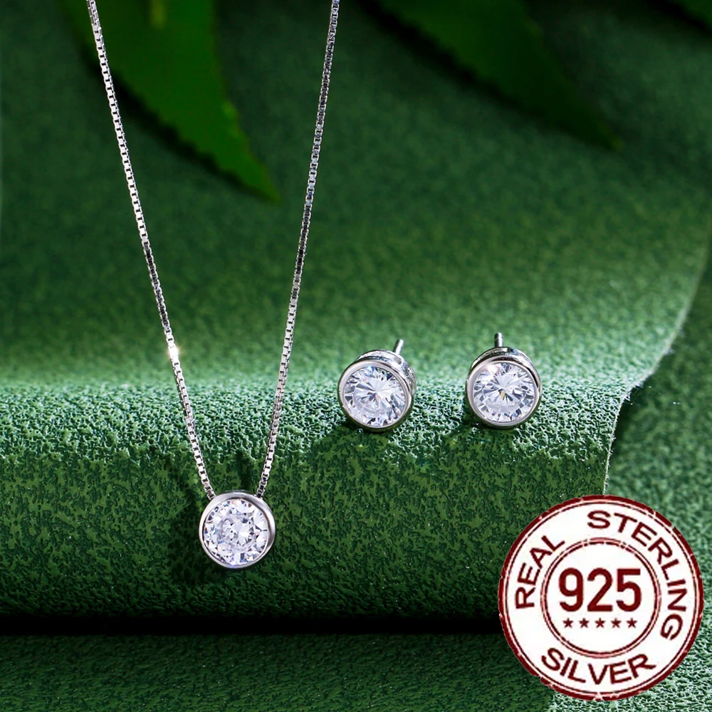 CWWZircons Genuine 925 Sterling Silver Jewelry Set Sparkling Round Cubic Zircon Simple Necklace Earrings for Women Wedding ST001