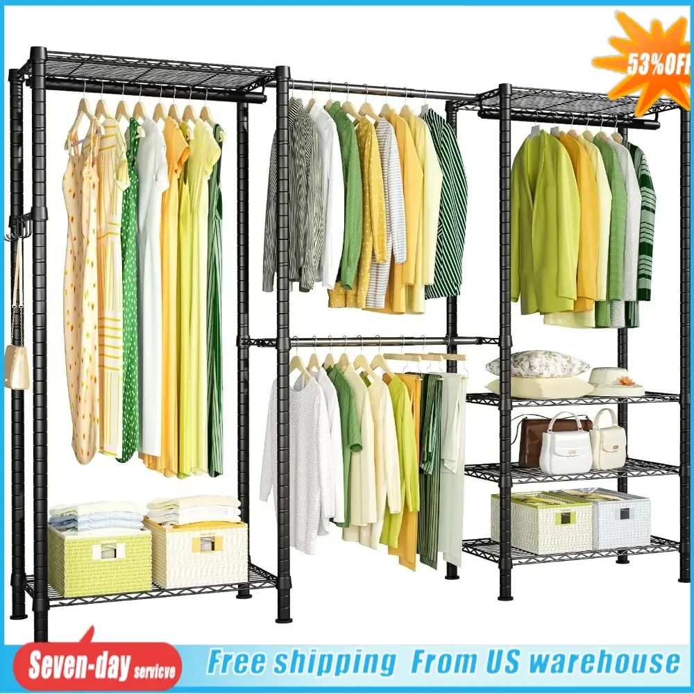 Heavy-duty wardrobe hanger with adjustable metal freestanding laundry storage with 4 hanger rods for easy wardrobe assembly