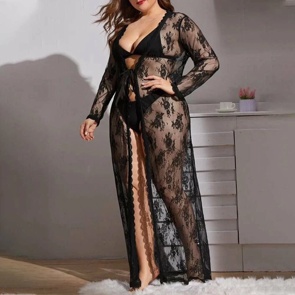 Sexy Pajamas Black Lace Cover Up Women Mesh See Through Night-robe Female Plus Size Long-Sleeve Nightdress Sleepwear 5XL