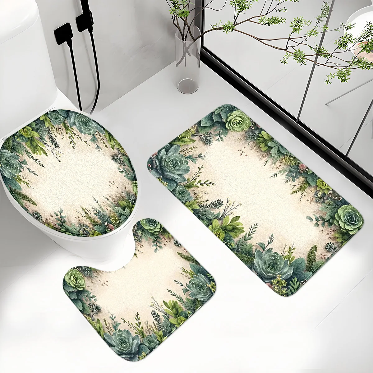 Retro Succulent Bathroom Three-Piece Set: Flannel Toilet Mat + Floor Mat + U-Shaped Foot Mat, Non-Slip, Water-Absorbent, Washable, Forest Style Bathroom Decoration Set