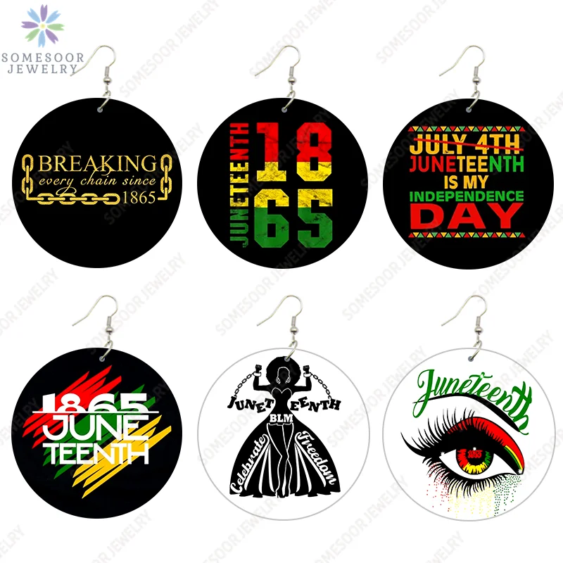 SOMESOOR Celebrate BLM Freedom Print Wooden Drop Earrings Breaking Every Chain Juneteenth Loops Dangle Jewelry Black Women Gifts