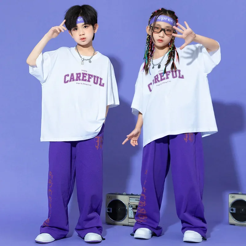 

Детская одежда в стиле хип-хоп, белая футболка с графическим рисунком, футболка с фиолетовыми буквами, повседневные широкие спортивные штаны для девочек и мальчиков, костюмы для джазовых танцев, одежда