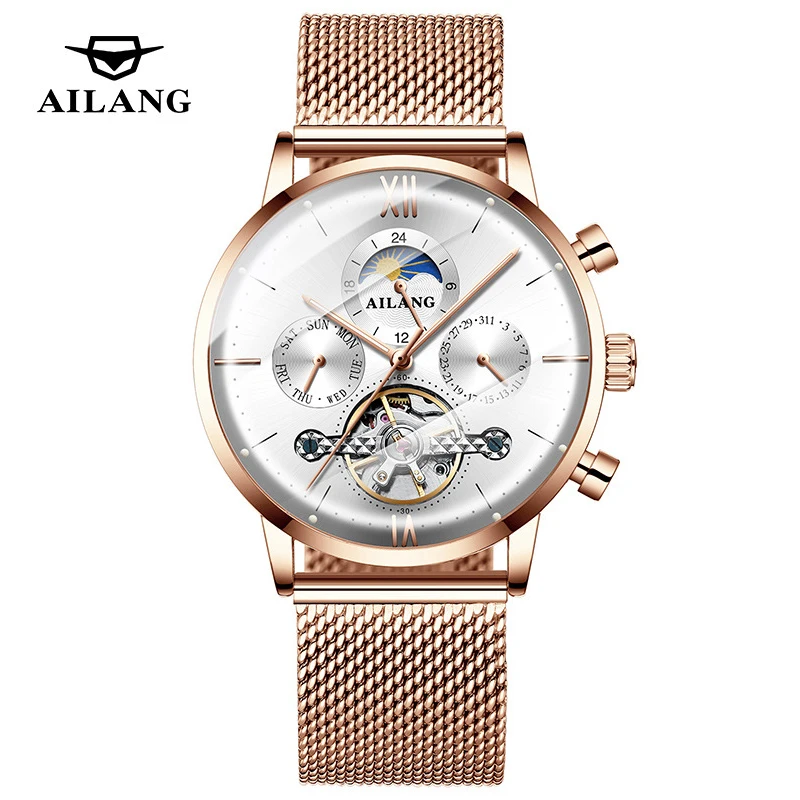 AILANG Automatic Mechanical Tourbillon Watch Casual Date Week Moon Phase Luminous Waterproof Business Men Watch Hot Relojes