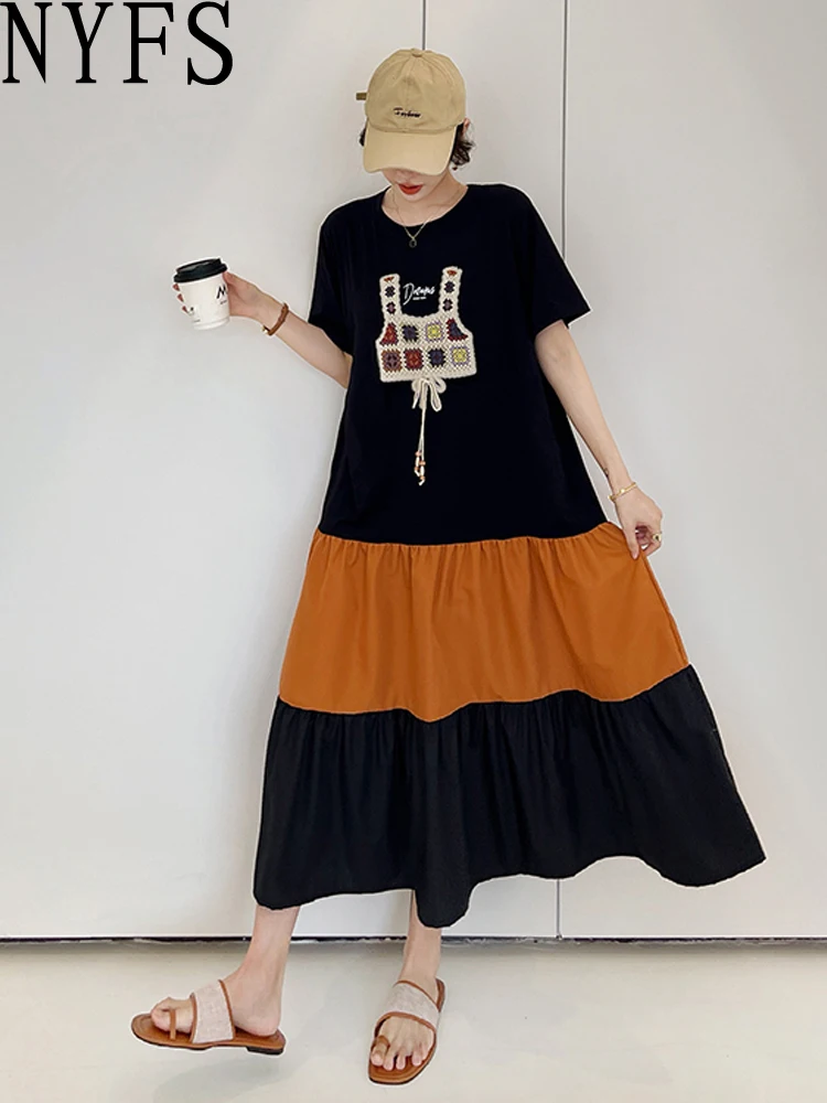 NYFS حجم كبير صيف 2025 فستان طويل فضفاض النمط الكوري عطلة رداء Elbise فستان امرأة قصيرة الأكمام