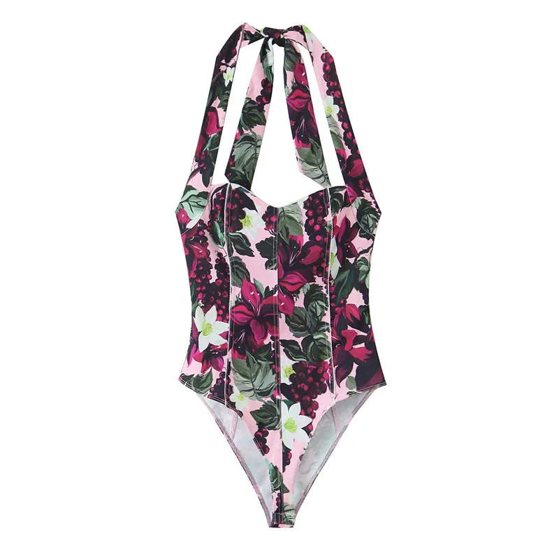 Jumpsuit Punggung Terbuka Cetak Wanita Atasan Tabung dengan Gesper Bawah Atasan Suspender Musim Semi Musim Panas Celana Ketat Chic Slim Fit Kasual Baru