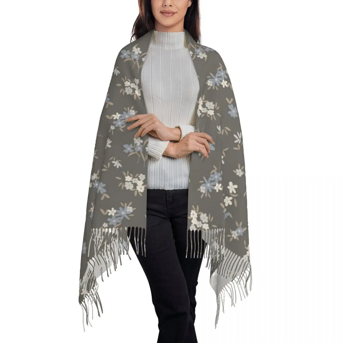 Grey Ditsy Floral Scarf Tassel Scarves Women Soft Warm Shawls and Wraps Long Fall Winter Shawl Wrap