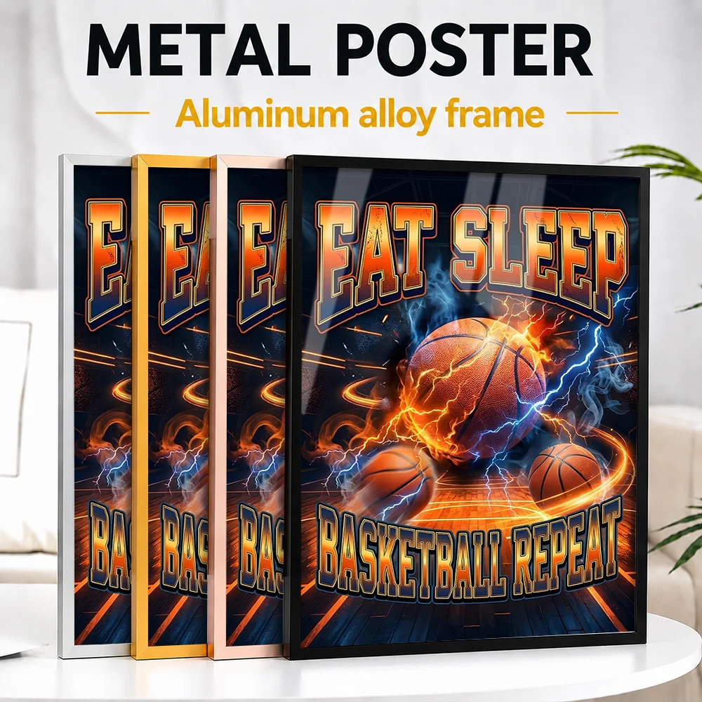 Eat Sleep Basketball Repeat Framed Metal Poster Customized Photo Dynamic Court Style Wall Art For Clubhouse Memorable Fan Gift