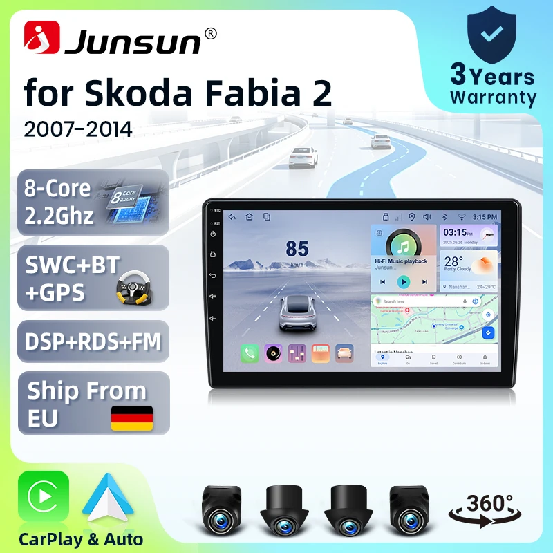 Autoradio Junsun 10 pouces pour Skoda Fabia 2 Mk2 (5J) 2007-2014, système stéréo intelligent, caméra 360°, Android 15, CarPlay sans fil, commande vocale IA, écran tactile IPS, lecteur multimédia intelligent, autoradio 2 DIN, GPS, Mirror Link, Bluetooth automobile