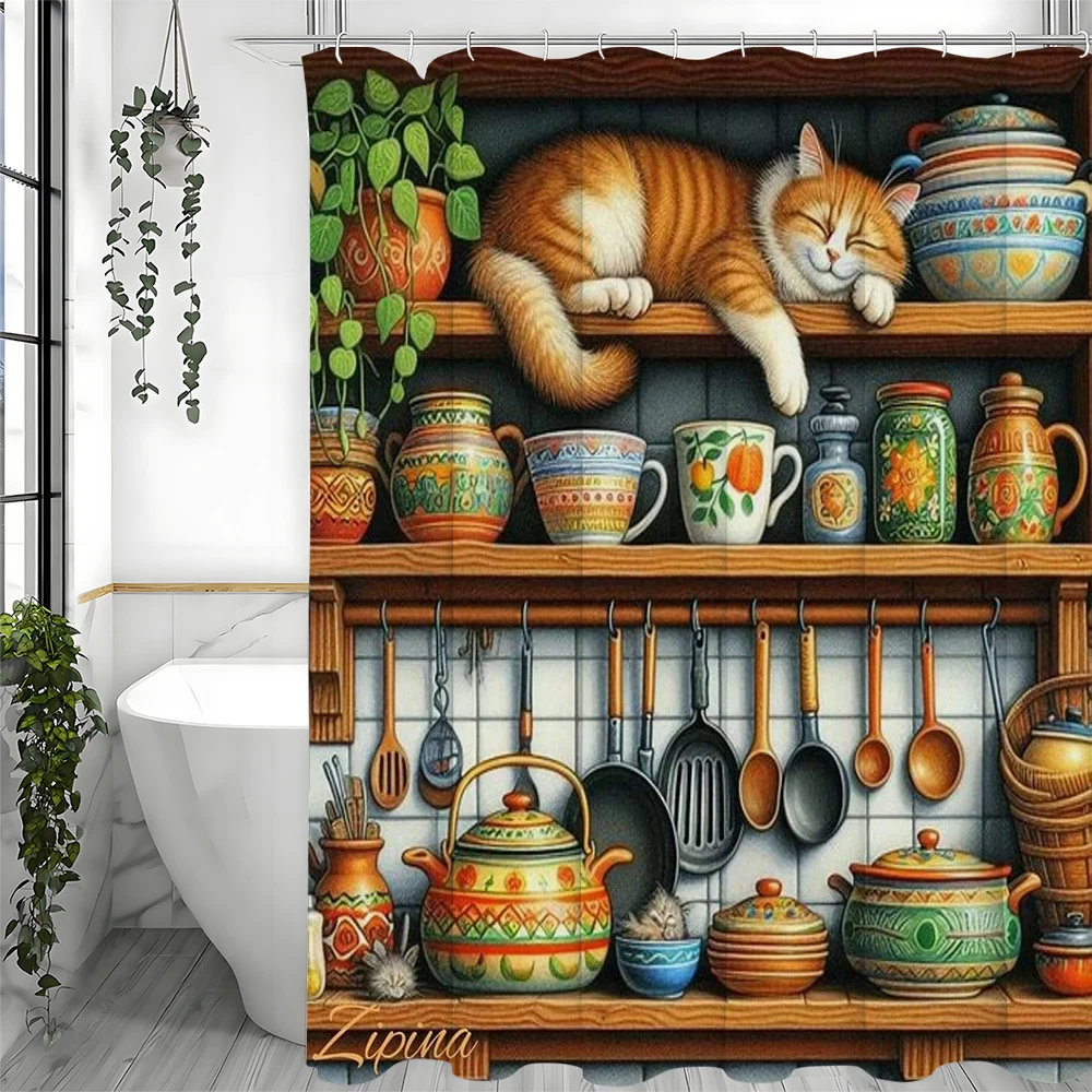 Kitchen Cabinet Cute Cat Kitchenware Items Shower Curtain, Bathroom Decorative Shower Curtain, Waterproof Shower Curtain