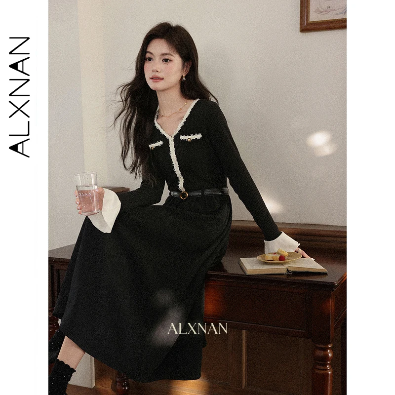 ALXNAN Black V-neck Long Dress Women Color Matching Casual Office Lady Elegant Long Sleeve Dresses 2025 Fall Female Dress L57662