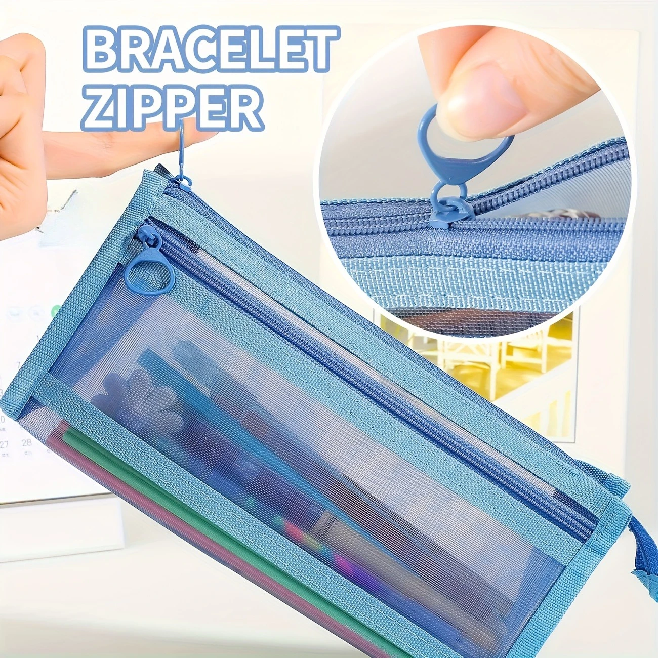 Desk Storage Morandi Grid Mesh Pencil Case with Handle and Zipper Clear Double-layer Pencil Pouch Marker Pouch, Travel image 3