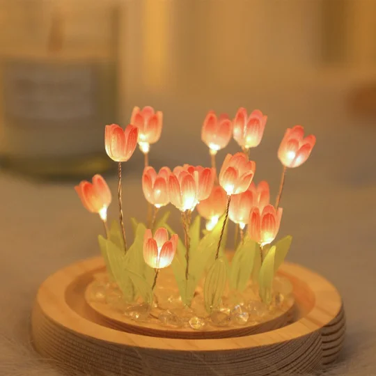 LUWU Luz de noche de cristal de tulipán, adorno de luz de mesa Atmospohere, regalo para el día de la madre