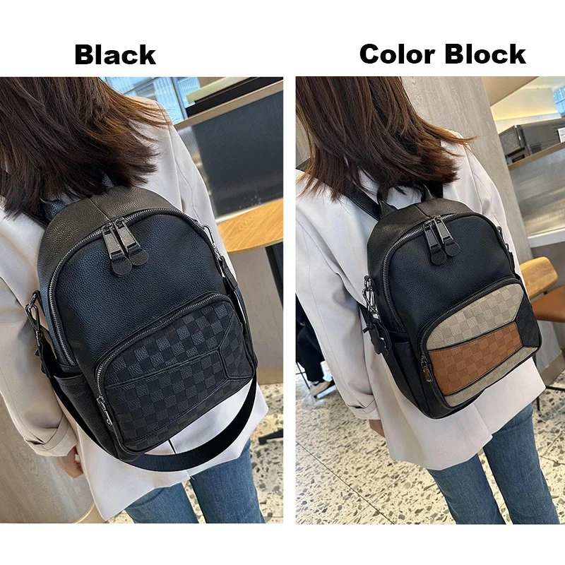 Cowhide Genuine Leather Backpack Unisex for Daily Use Commuting and Casual Outings Men Women Bags Colorful Plaid Patchwork Bag
