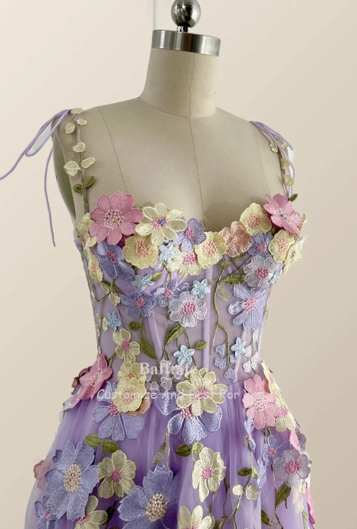 Bafftafe Lavender Floral Short Prom Dresses Corset Fitted Bones Embroidery Straps Party Dresses Formal Occasion Gowns Customized