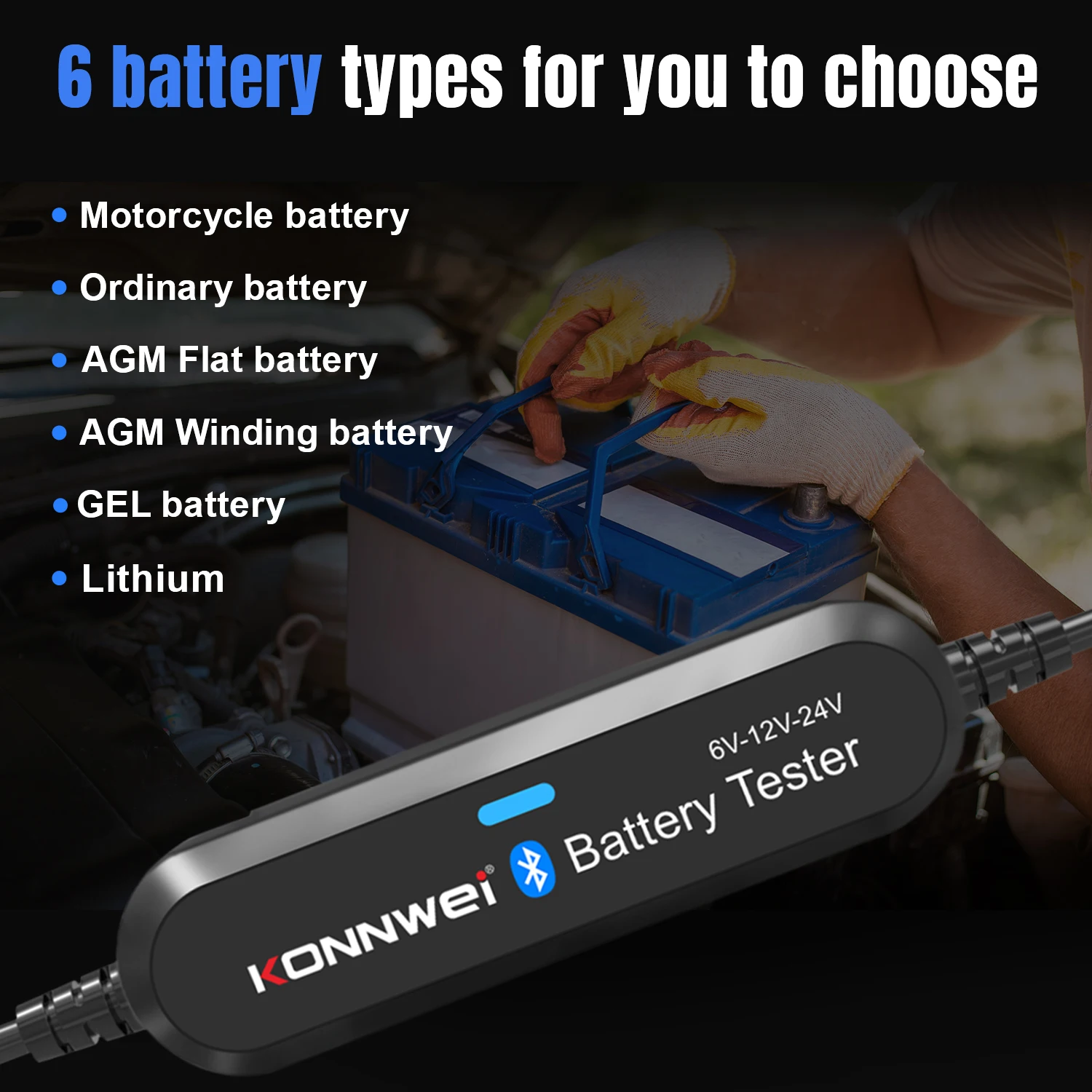

KONNWEI Car Battery Diagnostic 6V 12V 24V Bluetooth 5.0 Mobile App Data View Car Battery Tester Charging Crank Clip Test Tool