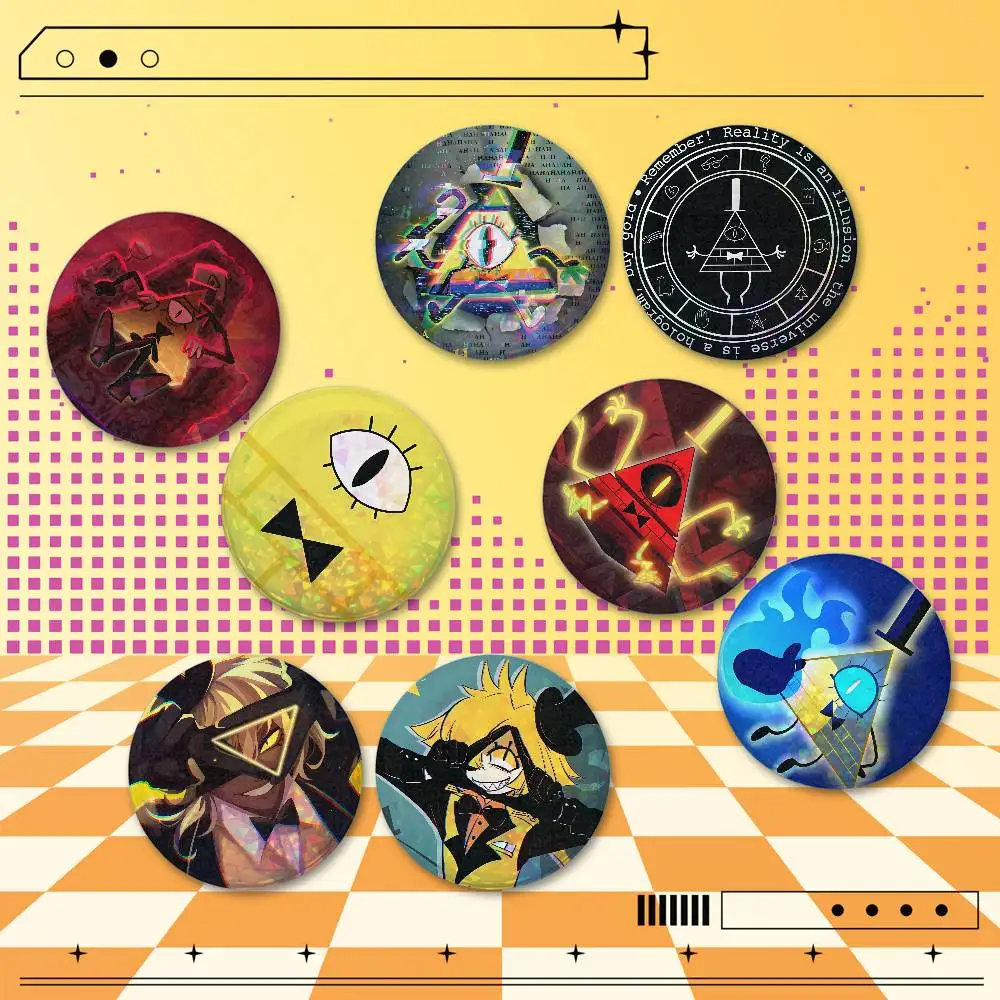 Gravity Falls Bill Cipher 2PCS Holographic Round Badge Pins 25/32/44/58/75mm Collectible Fan Merchandise Souvenir