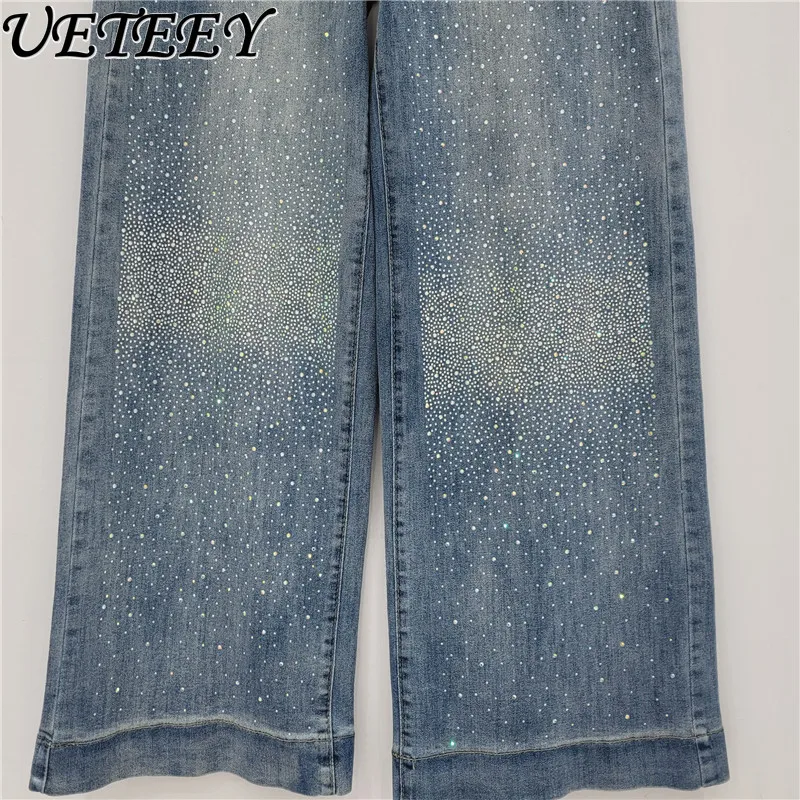 Jeans a gamba larga stile europeo per donna Trendy Autunno Nuovi pantaloni in denim con strass larghi e versatili a vita alta