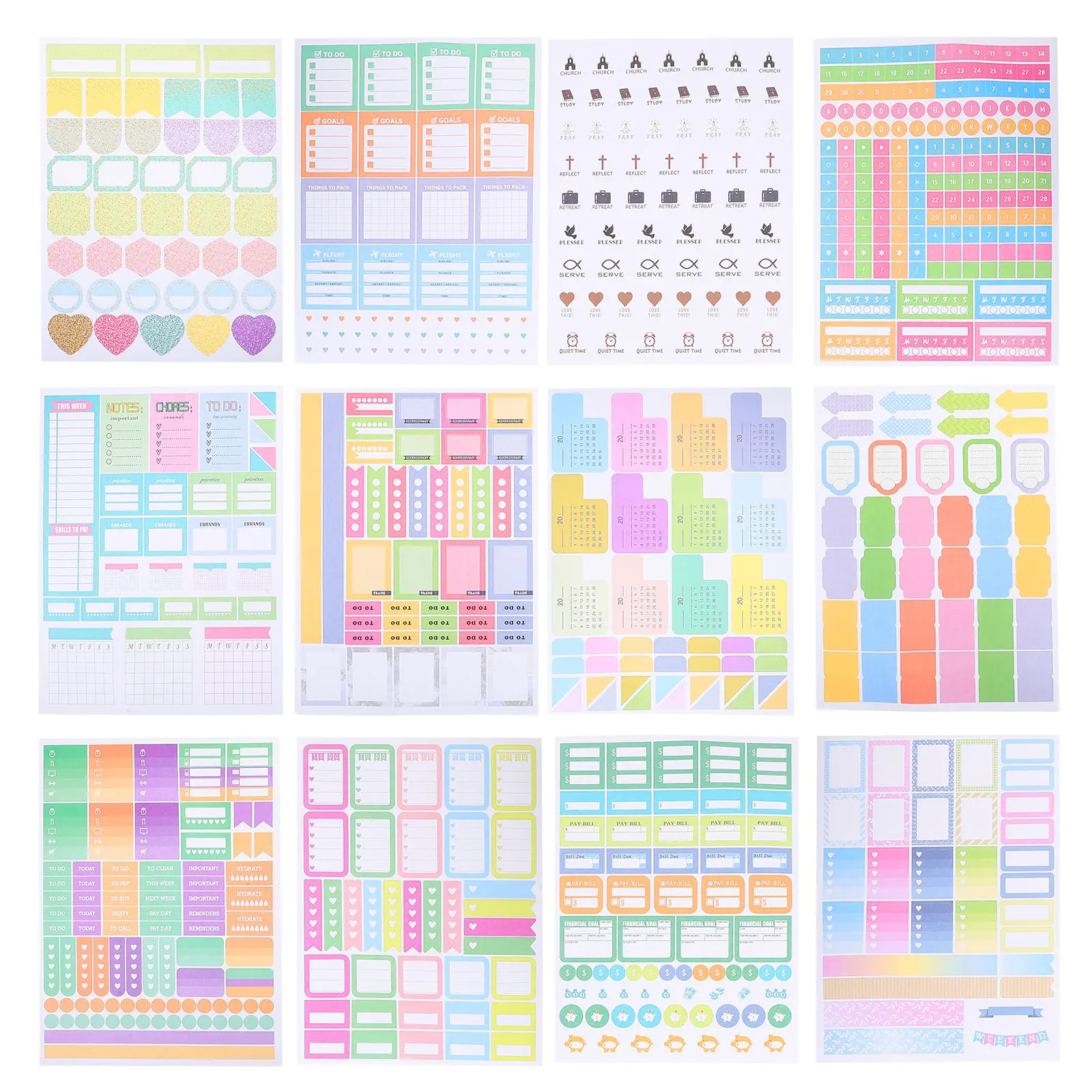 

12 Sheets Planner Stickers DIY Journal Stickers for Scrapbooking Decorative Decals Self-Adhesive Labels Scrapbook Accessories