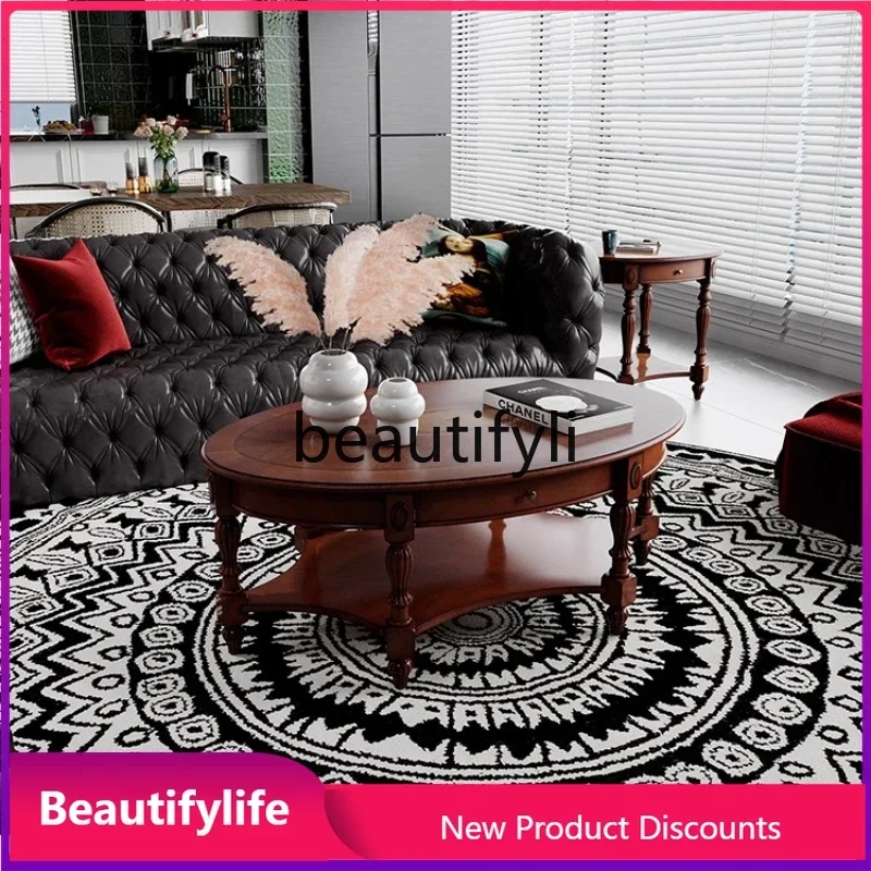 Q181  American Style Coffee Table Solid Wood retro Oval Tempered Glass Double Layer Coffee Table with Drawer
