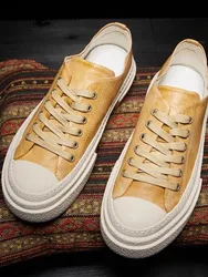 New Mens Low Cut Lace Up Skateboard Shoes Horsehide Genuine Leather Casual Shoes Flats Joggers Sneakers Vintage Breathable Shoes