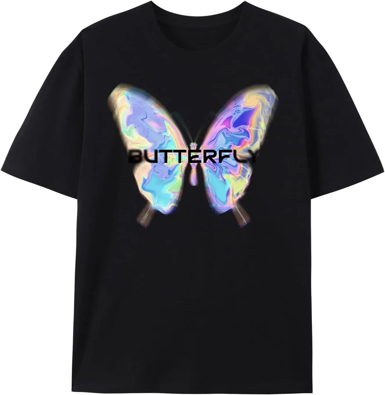 Men's Black T-Shirt - Iridescent Butterfly Graphic in Blues, Purples, and Pinks with 'Butterfly' Text Below