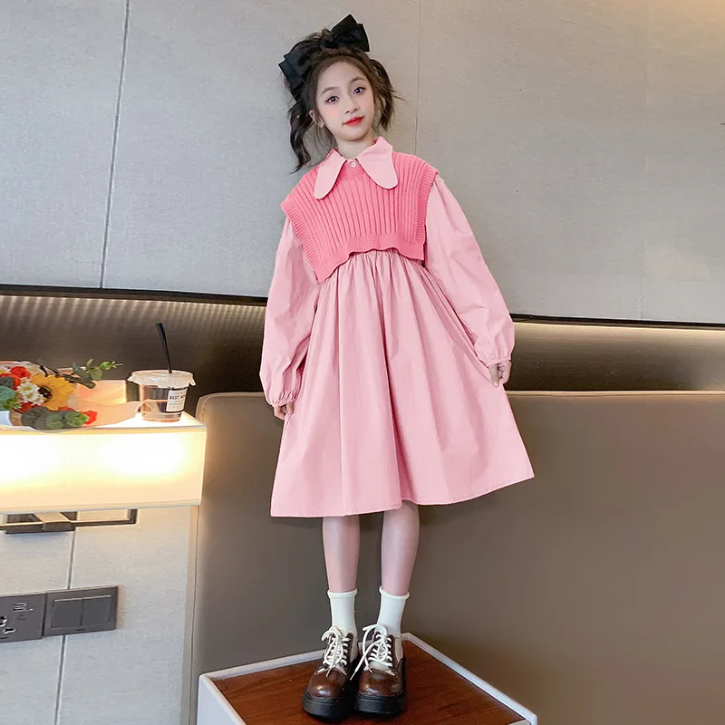 

Spring Autumn Children Girl 2-Piece Sets Teenager Girl Knitted Shawl Vest+Long Sleeve One-piece Dress Sets For Girls 2-Pieces